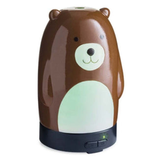 Brown glossy ceramic teddy bear essential oil diffuser with light green accents and glowing LED base