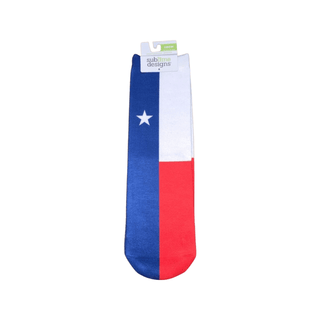 Texas Flag crew socks with navy blue star, white stripe and red band on soft ribbed knit fabric