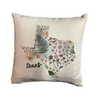 Texas floral fall pillow with pink daisies and orange poppies on off-white textured polyester