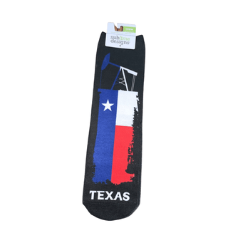 Texas Oil Socks dark charcoal crew with Texas flag and oil pumpjack graphic, distressed brushstroke detail, soft knit fabric