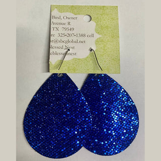 Royal blue glitter Texas Rangers teardrop earrings on textured fabric base with lime green card