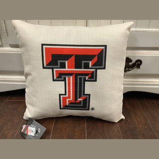 Texas Tech Double T Pillow in off-white textured polyester with bold red black gray logo and Little Birdie tag