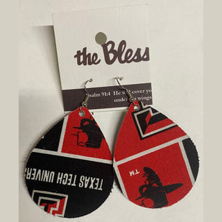 Texas Tech Teardrop Earrings with Red Raiders mascot and university text on fabric, silver fishhook wires