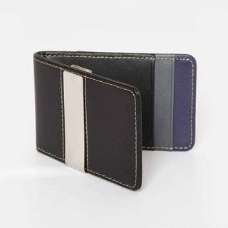 Black leather money clip with silver clasp and dual card slots for men