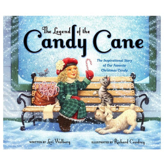 The Legend of the Candy Cane board book cover featuring girl in red beret holding candy cane with kitten and puppy in winter scene