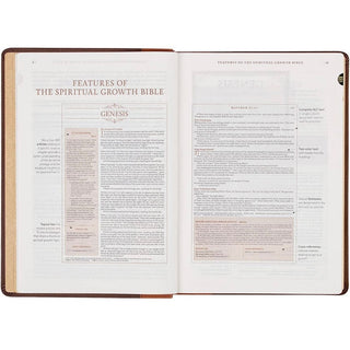 Open book showing pages from 'The Spiritual Growth Bible' with text and headings.