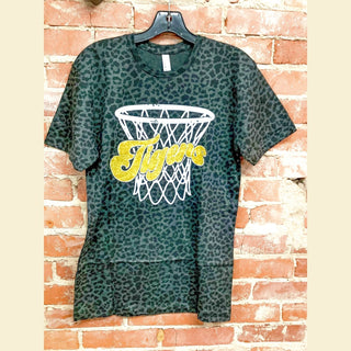 Women's dark green and black leopard print Tigers Basketball tee with gold glitter graphic