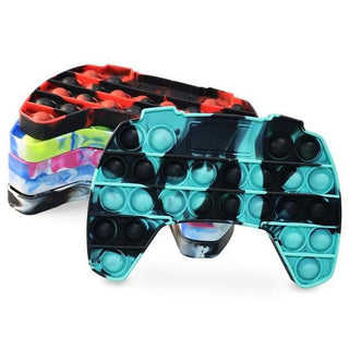 Teal and black marbled silicone controller pop-it displayed with multi-color variant stack on white background