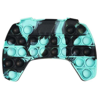 Teal and black swirled marbled silicone fidget controller with smooth matte texture and 24 bubbles