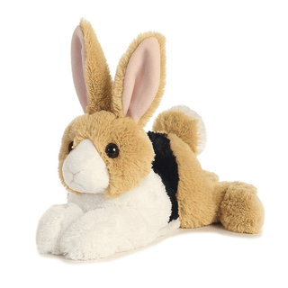 Aurora World Demi tri-color plush rabbit with tan, black and white fur, pink ears and huggable puff tail