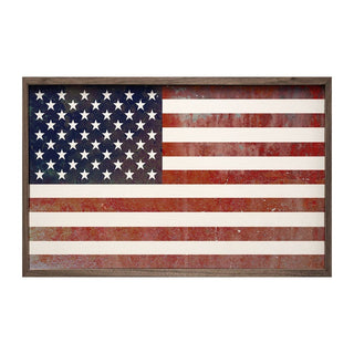 Distressed US flag sign in natural walnut frame with rustic wood grain and weathered red, blue, and white stars stripes