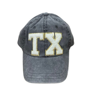 Dark gray distressed cotton baseball cap with gold glitter TX varsity patch