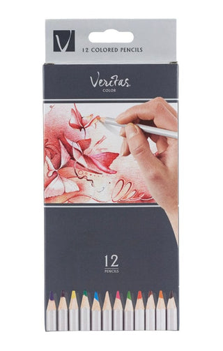 Veritas colored pencils packaging with a hand holding a pencil and floral design.