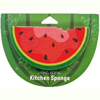 Watermelon kitchen sponge with red flesh, black seeds, and green rind in striped Living Royal packaging