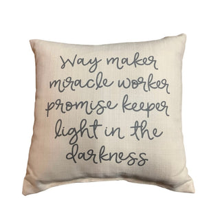 Beige linen-texture Waymaker Pillow with dark gray cursive scripture text