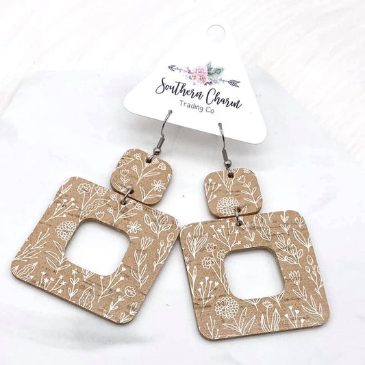 Tan Floral Square Earrings