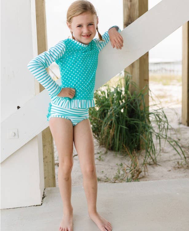 Aqua Striped/Polka Long Sleeve Rash Guard Bikini