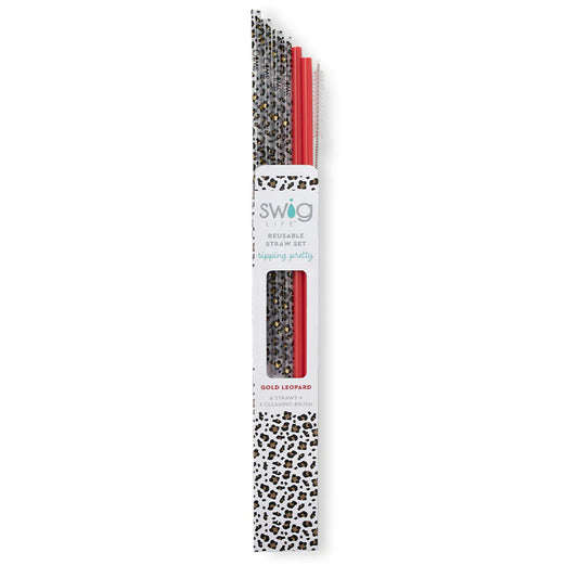 gold leopard and red reusable straw set