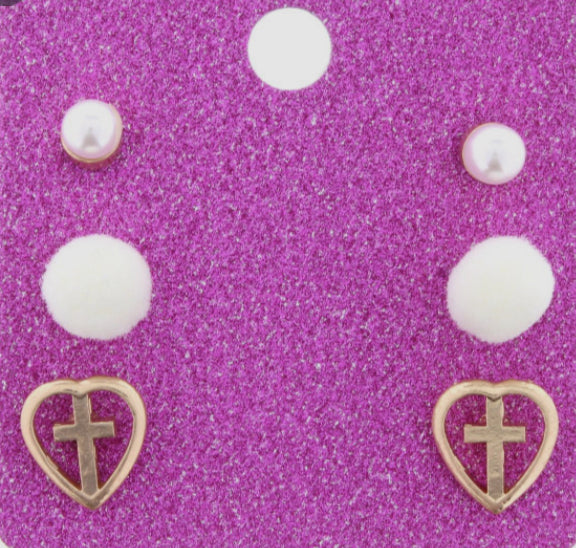 Kid’s Pearl/Pom/Cross Earring Set