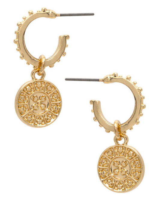 Textured Hoop Earrings With Coin Charm