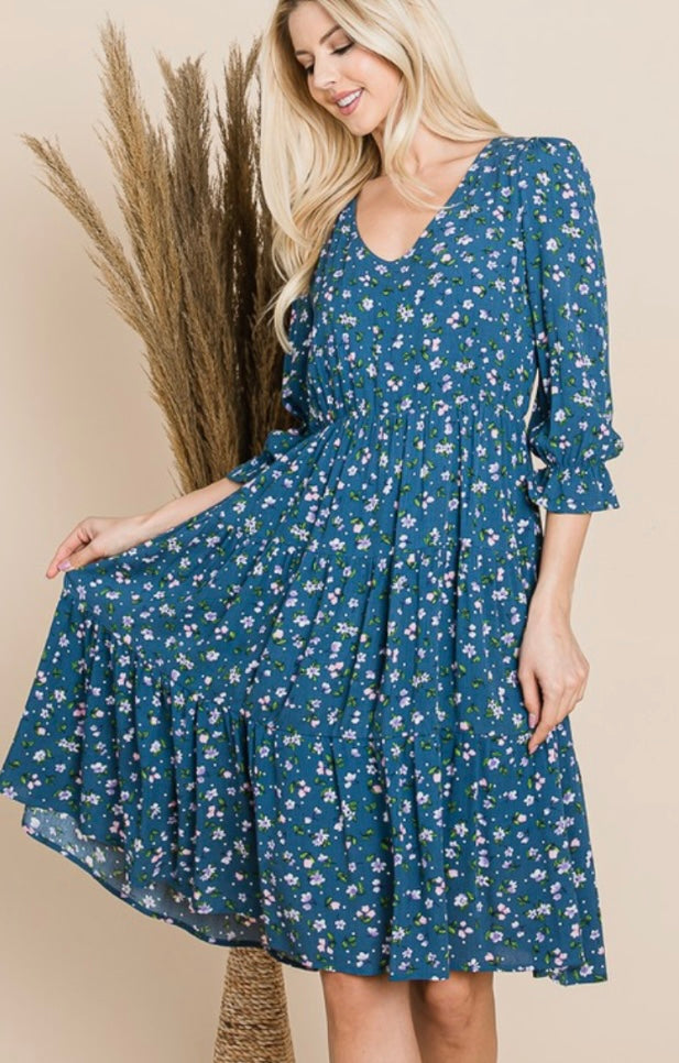 Teal Tiered Floral Dress