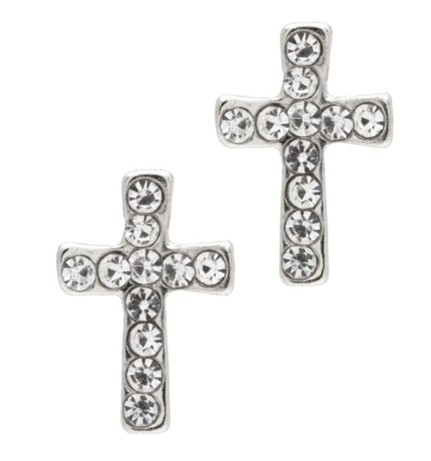 Silver Crystal Cross Stud Earrings