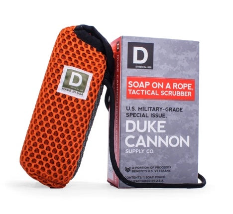 duke cannon soap on a rope pouch