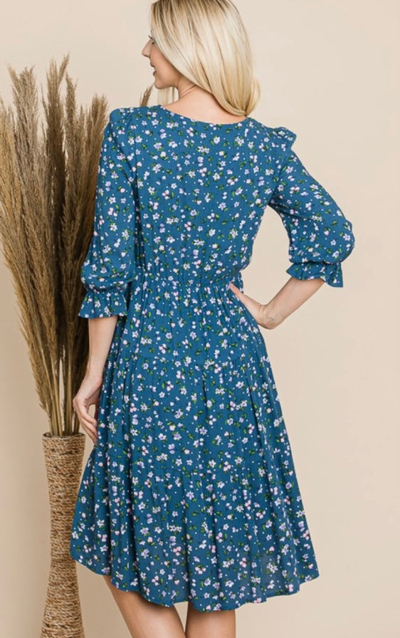 Teal Tiered Floral Dress